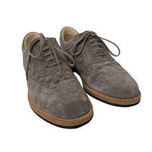 Chanel Suede Quilted Brogue Oxford Loafers Grey 37